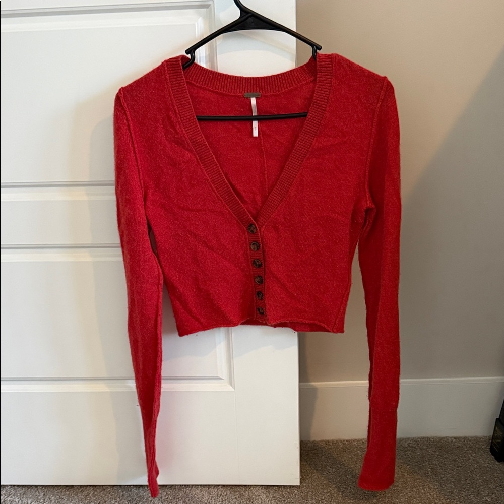 Free People Red Button-Down V-Neck Top